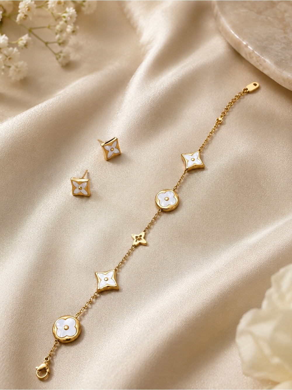 Gold and White Floral Motif Bracelet with Matching Stud Earrings - Picture 2 of 6